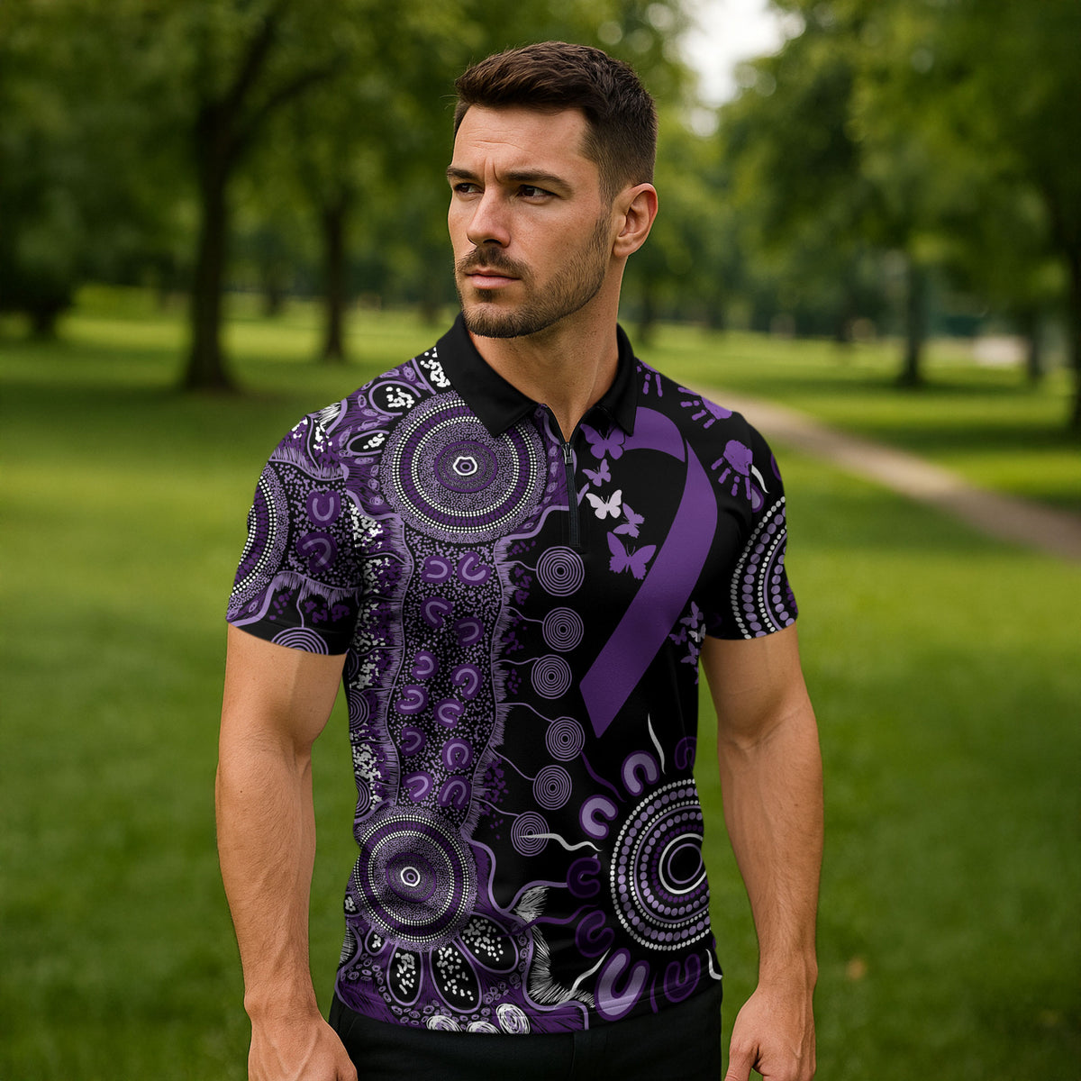 Memories Matter Alzheimers Support Personalised Zipper Polo Shirt Aboriginal Ribbon Dot Painting