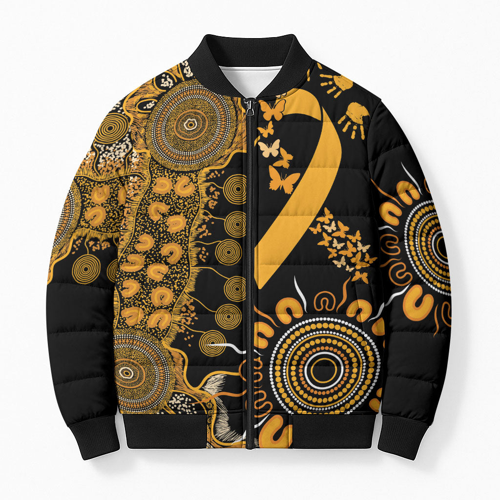 Hope For Childhood Cancer Support Personalised Bomber Puffer Jacket Aboriginal Gold Ribbon Dot Painting