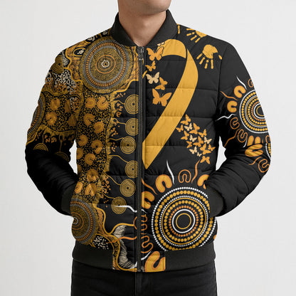 Hope For Childhood Cancer Support Personalised Bomber Puffer Jacket Aboriginal Gold Ribbon Dot Painting