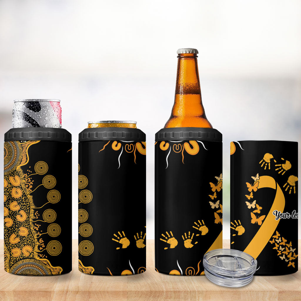 Hope For Childhood Cancer Support Personalised 4 in 1 Can Cooler Tumbler Aboriginal Gold Ribbon Dot Painting