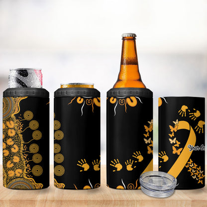 Hope For Childhood Cancer Support Personalised 4 in 1 Can Cooler Tumbler Aboriginal Gold Ribbon Dot Painting