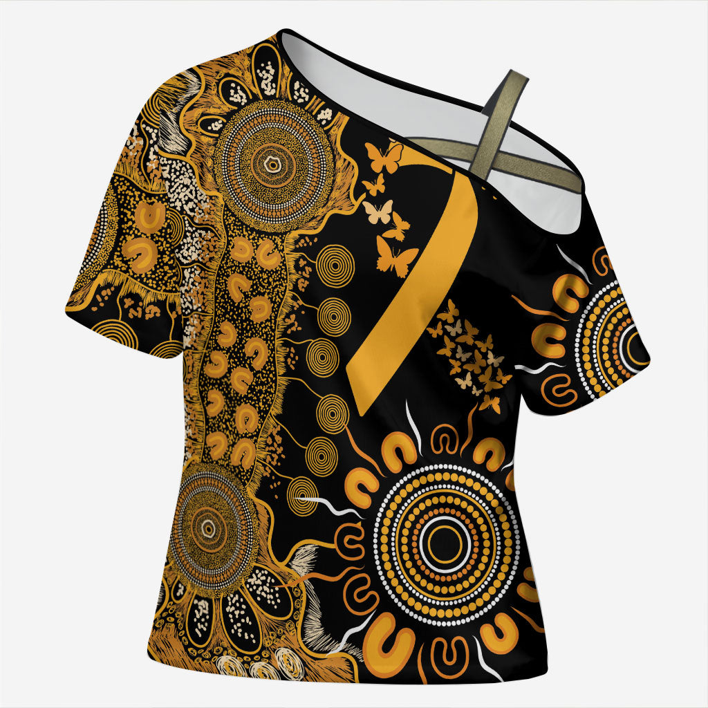 Hope For Childhood Cancer Support Personalised Cross Shoulder Shirt Aboriginal Gold Ribbon Dot Painting
