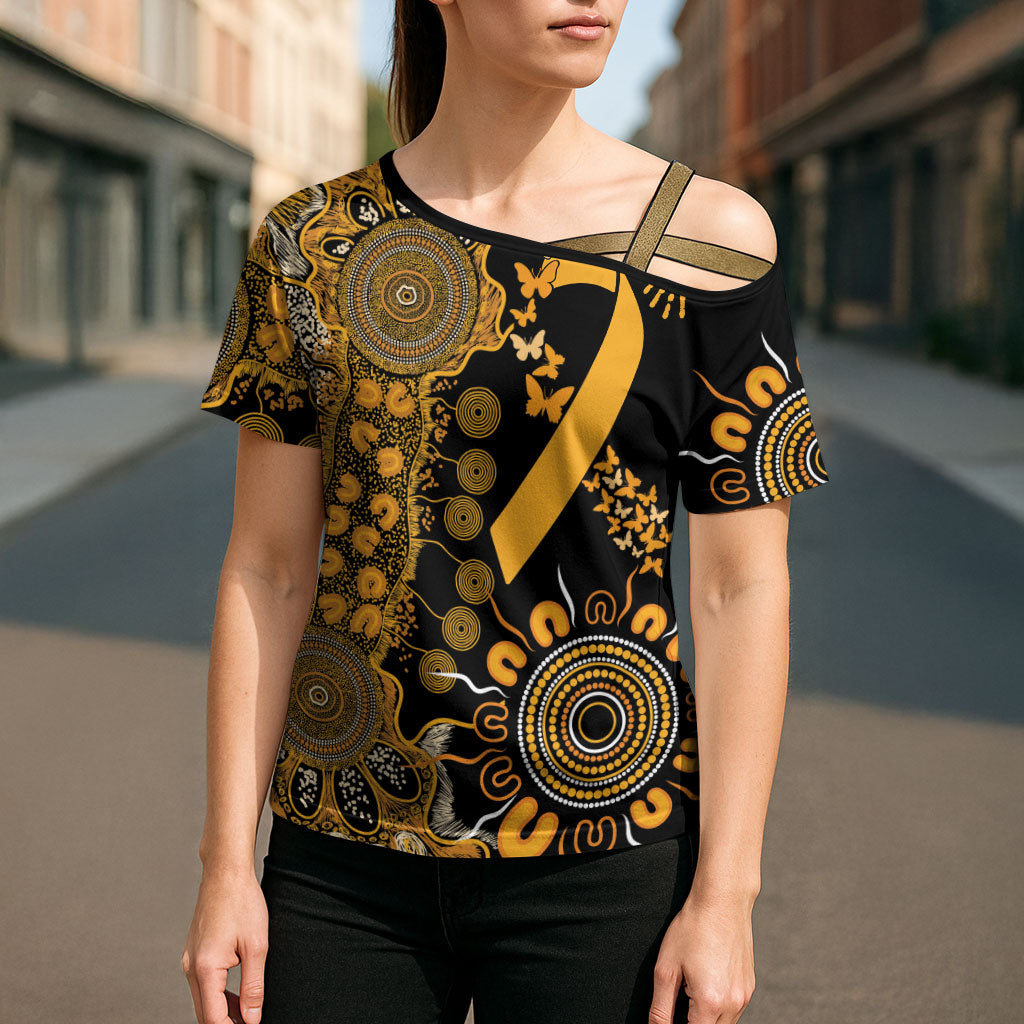 Hope For Childhood Cancer Support Personalised Cross Shoulder Shirt Aboriginal Gold Ribbon Dot Painting