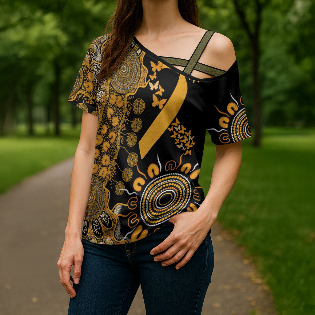 Hope For Childhood Cancer Support Personalised Cross Shoulder Shirt Aboriginal Gold Ribbon Dot Painting