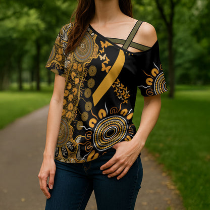 Hope For Childhood Cancer Support Personalised Cross Shoulder Shirt Aboriginal Gold Ribbon Dot Painting