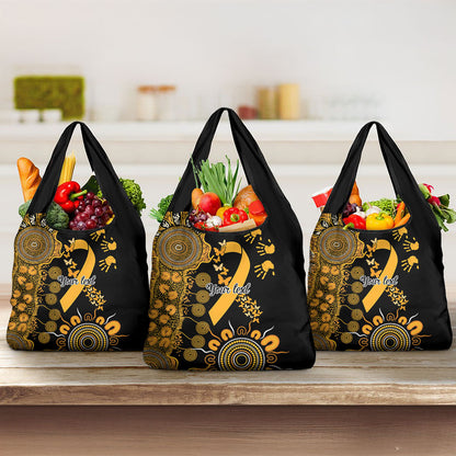 Hope For Childhood Cancer Support Personalised Grocery Bag Aboriginal Gold Ribbon Dot Painting