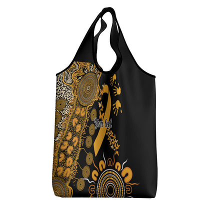 Hope For Childhood Cancer Support Personalised Grocery Bag Aboriginal Gold Ribbon Dot Painting