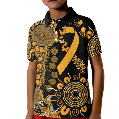 Hope For Childhood Cancer Support Personalised Kid Polo Shirt Aboriginal Gold Ribbon Dot Painting
