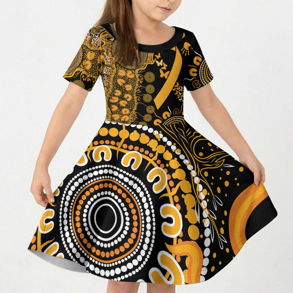 Hope For Childhood Cancer Support Personalised Kid Short Sleeve Dress Aboriginal Gold Ribbon Dot Painting