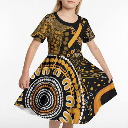 Hope For Childhood Cancer Support Personalised Kid Short Sleeve Dress Aboriginal Gold Ribbon Dot Painting