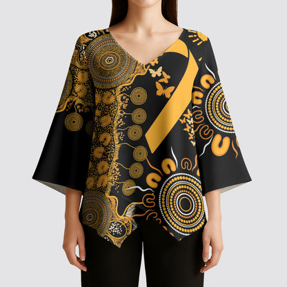 Hope For Childhood Cancer Support Personalised Kimono Sleeve Blouse Aboriginal Gold Ribbon Dot Painting