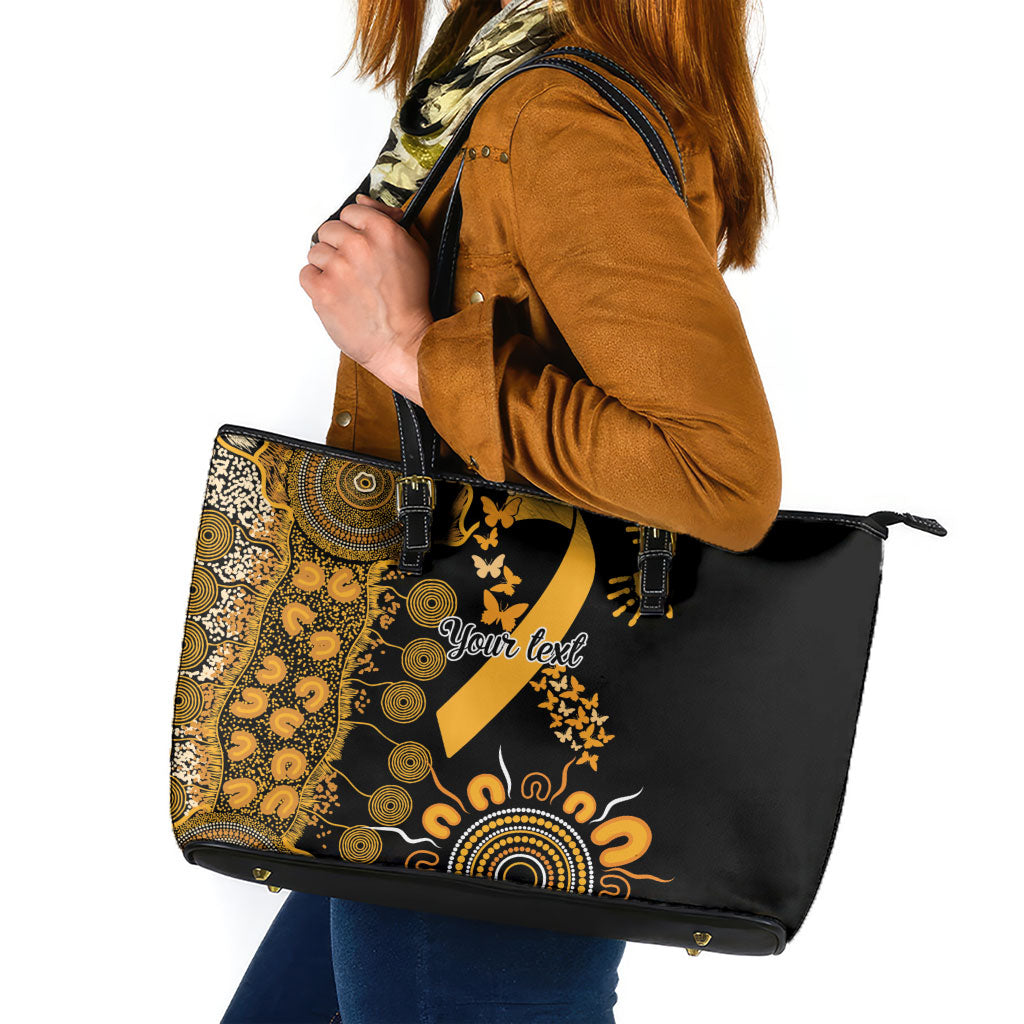Hope For Childhood Cancer Support Personalised Leather Tote Bag Aboriginal Gold Ribbon Dot Painting