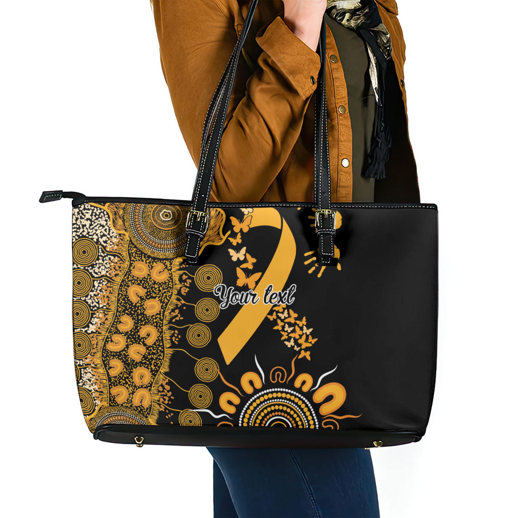 Hope For Childhood Cancer Support Personalised Leather Tote Bag Aboriginal Gold Ribbon Dot Painting
