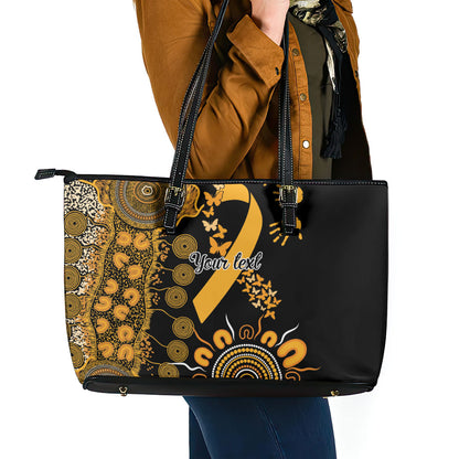 Hope For Childhood Cancer Support Personalised Leather Tote Bag Aboriginal Gold Ribbon Dot Painting
