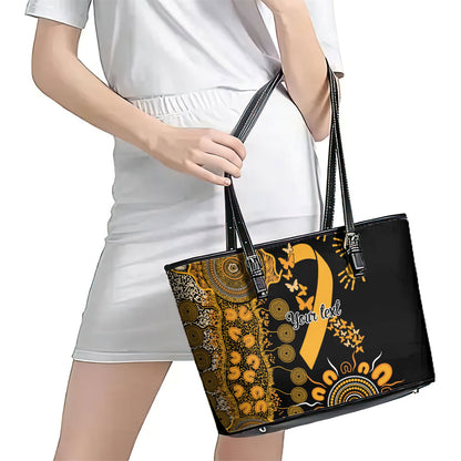 Hope For Childhood Cancer Support Personalised Leather Tote Bag Aboriginal Gold Ribbon Dot Painting
