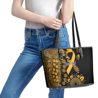 Hope For Childhood Cancer Support Personalised Leather Tote Bag Aboriginal Gold Ribbon Dot Painting