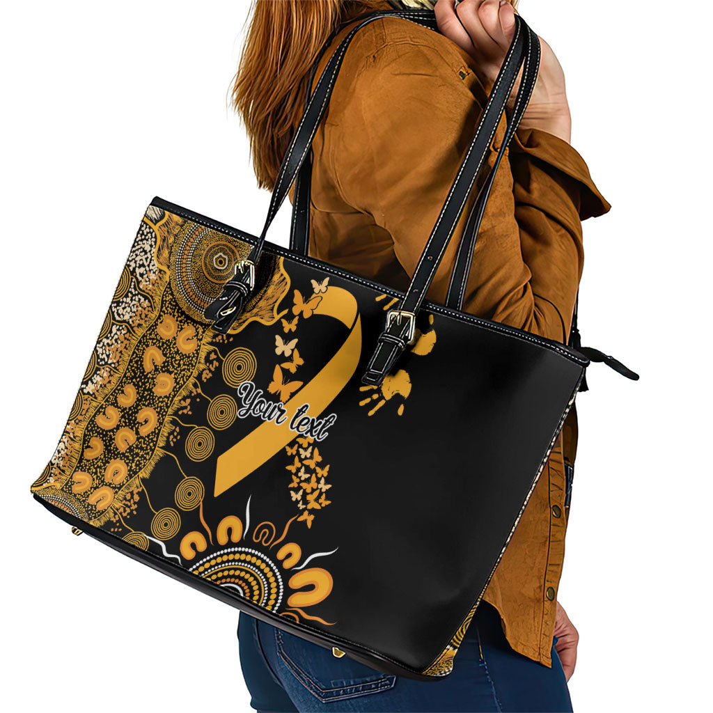 Hope For Childhood Cancer Support Personalised Leather Tote Bag Aboriginal Gold Ribbon Dot Painting