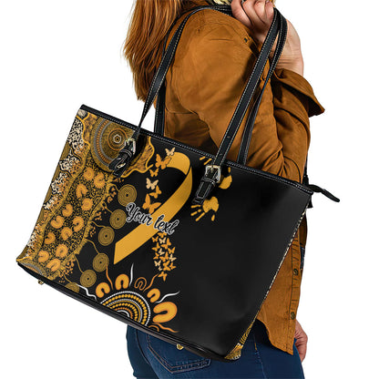 Hope For Childhood Cancer Support Personalised Leather Tote Bag Aboriginal Gold Ribbon Dot Painting