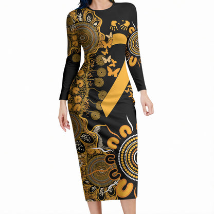 Hope For Childhood Cancer Support Personalised Long Sleeve Bodycon Dress Aboriginal Gold Ribbon Dot Painting