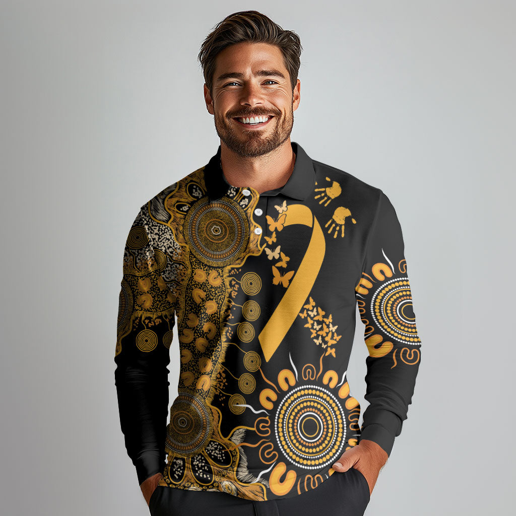 Hope For Childhood Cancer Support Personalised Long Sleeve Polo Shirt Aboriginal Gold Ribbon Dot Painting