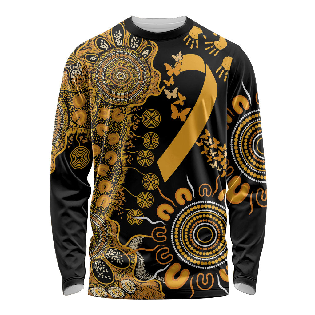 Hope For Childhood Cancer Support Personalised Long Sleeve Shirt Aboriginal Gold Ribbon Dot Painting