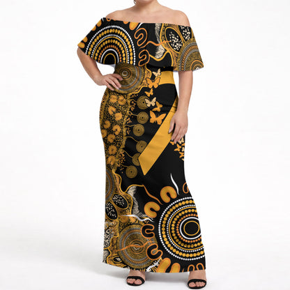 Hope For Childhood Cancer Support Personalised Off Shoulder Maxi Dress Aboriginal Gold Ribbon Dot Painting