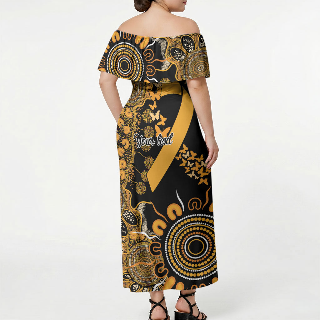 Hope For Childhood Cancer Support Personalised Off Shoulder Maxi Dress Aboriginal Gold Ribbon Dot Painting