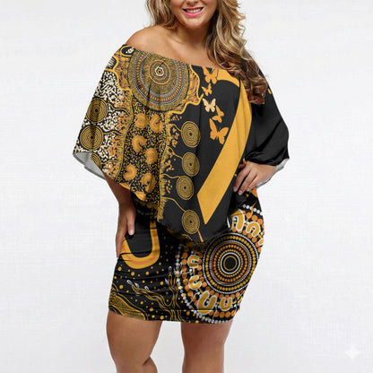 Hope For Childhood Cancer Support Personalised Off Shoulder Short Dress Aboriginal Gold Ribbon Dot Painting