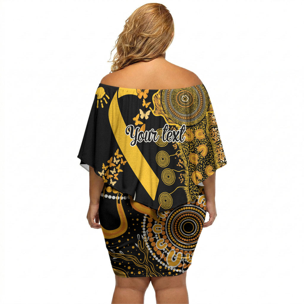 Hope For Childhood Cancer Support Personalised Off Shoulder Short Dress Aboriginal Gold Ribbon Dot Painting