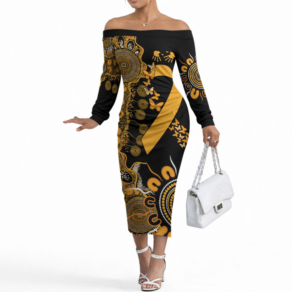 Hope For Childhood Cancer Support Personalised Off The Shoulder Long Sleeve Dress Aboriginal Gold Ribbon Dot Painting