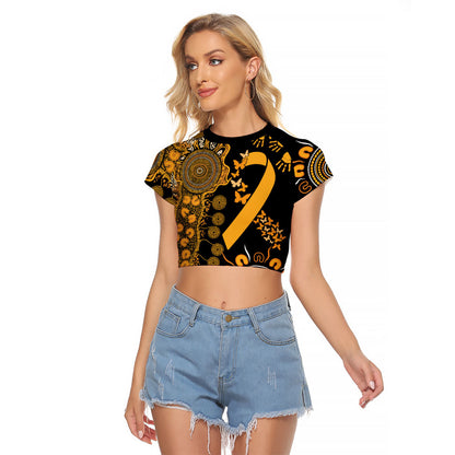 Hope For Childhood Cancer Support Personalised Raglan Cropped T Shirt Aboriginal Gold Ribbon Dot Painting