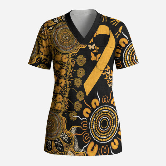 Hope For Childhood Cancer Support Personalised Scrub Top Aboriginal Gold Ribbon Dot Painting