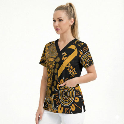 Hope For Childhood Cancer Support Personalised Scrub Top Aboriginal Gold Ribbon Dot Painting