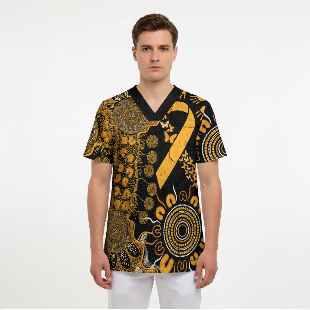Hope For Childhood Cancer Support Personalised Scrub Top Aboriginal Gold Ribbon Dot Painting