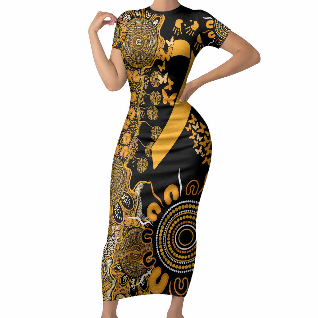 Hope For Childhood Cancer Support Personalised Short Sleeve Bodycon Dress Aboriginal Gold Ribbon Dot Painting
