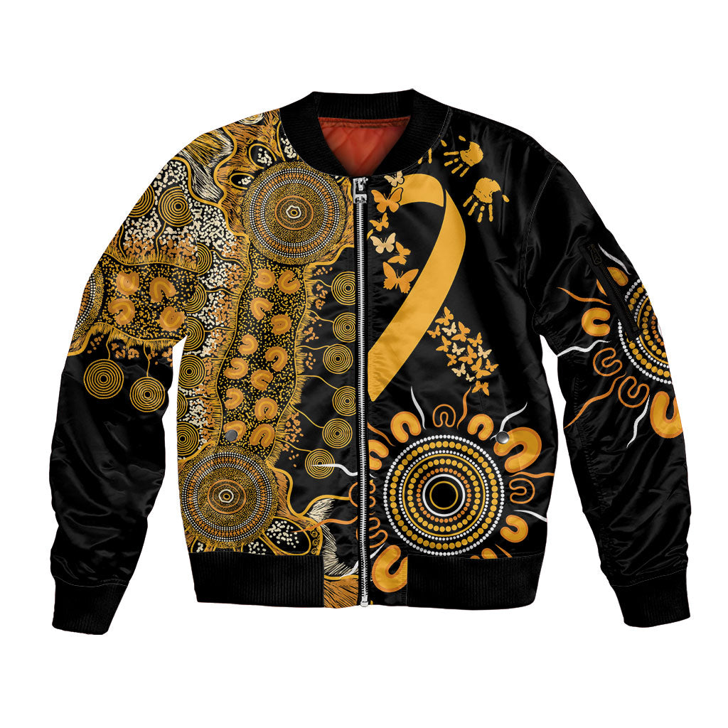 Hope For Childhood Cancer Support Personalised Sleeve Zip Bomber Jacket Aboriginal Gold Ribbon Dot Painting