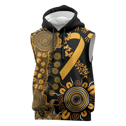 Hope For Childhood Cancer Support Personalised Sleeveless Hoodie Aboriginal Gold Ribbon Dot Painting