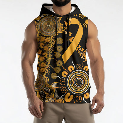 Hope For Childhood Cancer Support Personalised Sleeveless Hoodie Aboriginal Gold Ribbon Dot Painting