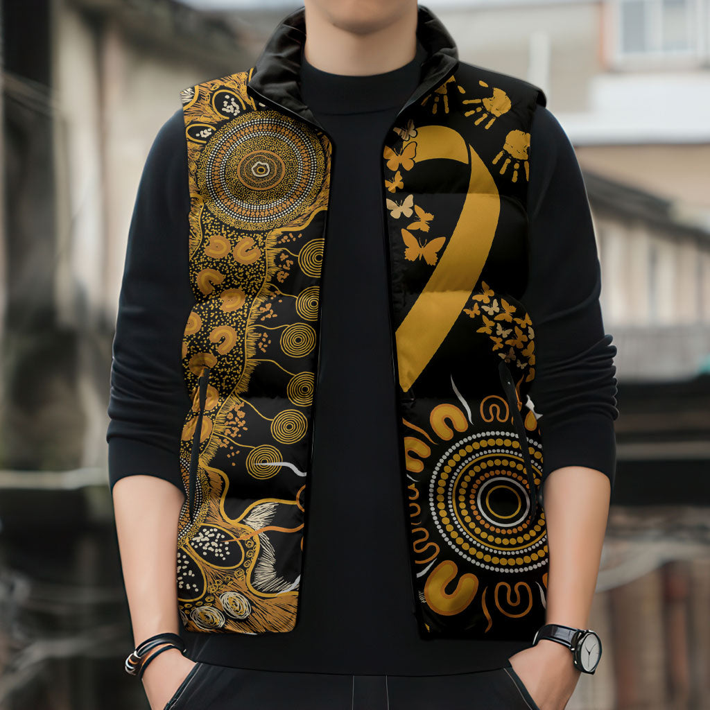 Hope For Childhood Cancer Support Personalised Sleeveless Puffer Jacket Aboriginal Gold Ribbon Dot Painting