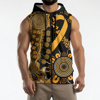 Hope For Childhood Cancer Support Personalised Sleeveless Zip Hoodie Aboriginal Gold Ribbon Dot Painting