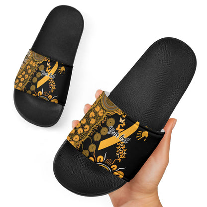 Hope For Childhood Cancer Support Personalised Slide Sandals Aboriginal Gold Ribbon Dot Painting