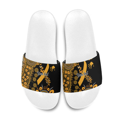 Hope For Childhood Cancer Support Personalised Slide Sandals Aboriginal Gold Ribbon Dot Painting