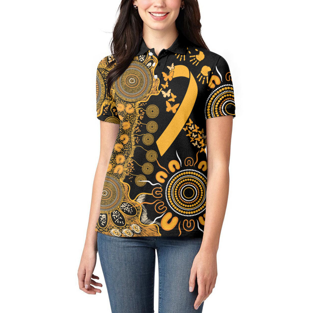 Hope For Childhood Cancer Support Personalised Women Polo Shirt Aboriginal Gold Ribbon Dot Painting
