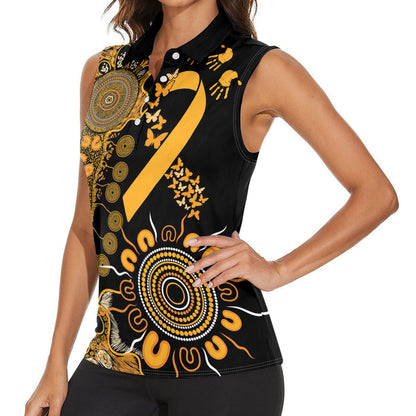 Hope For Childhood Cancer Support Personalised Women Sleeveless Polo Shirt Aboriginal Gold Ribbon Dot Painting