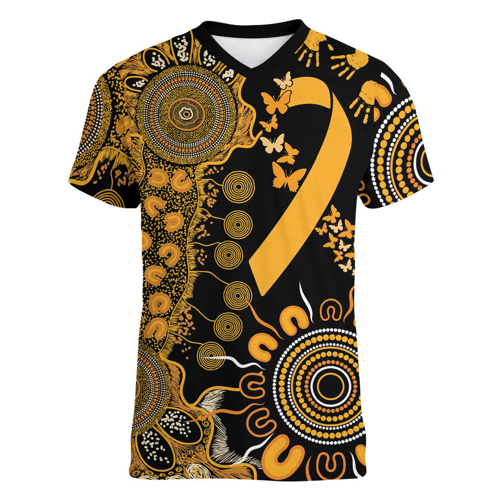 Hope For Childhood Cancer Support Personalised Women V-Neck T-Shirt Aboriginal Gold Ribbon Dot Painting