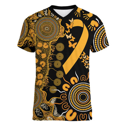Hope For Childhood Cancer Support Personalised Women V-Neck T-Shirt Aboriginal Gold Ribbon Dot Painting