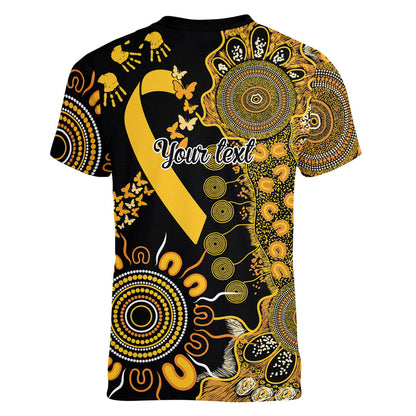 Hope For Childhood Cancer Support Personalised Women V-Neck T-Shirt Aboriginal Gold Ribbon Dot Painting