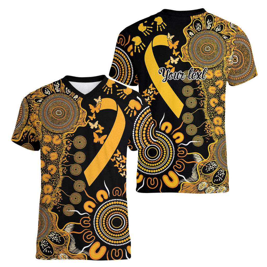 Hope For Childhood Cancer Support Personalised Women V-Neck T-Shirt Aboriginal Gold Ribbon Dot Painting