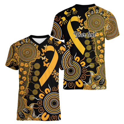 Hope For Childhood Cancer Support Personalised Women V-Neck T-Shirt Aboriginal Gold Ribbon Dot Painting