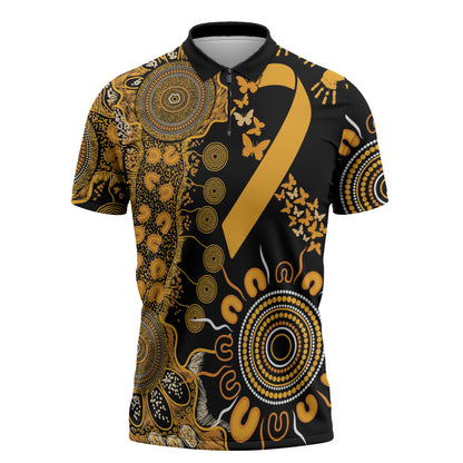 Hope For Childhood Cancer Support Personalised Zipper Polo Shirt Aboriginal Gold Ribbon Dot Painting